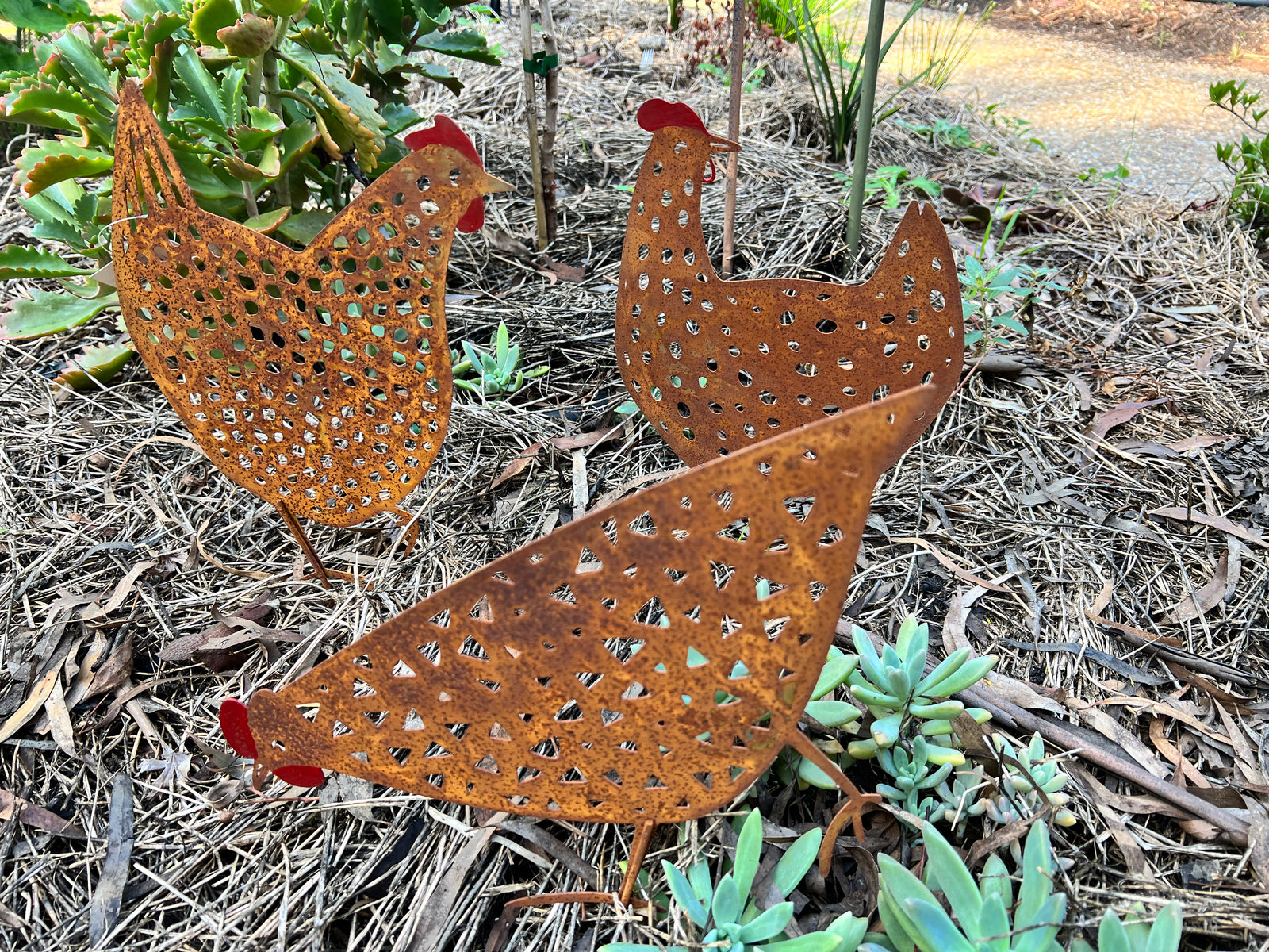 Set of 3 Rust Chook Family Garden Stake
