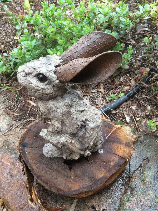 Driftwood & Metal Garden Art - Rabbit Squatting, Medium - Faeren Designs