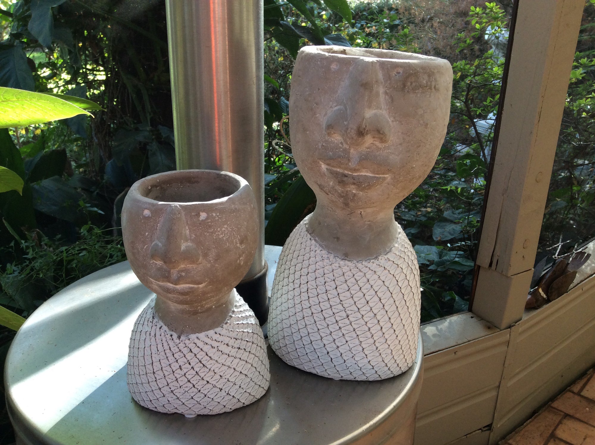   Cement Set of Two Head Planters with White Mesh top