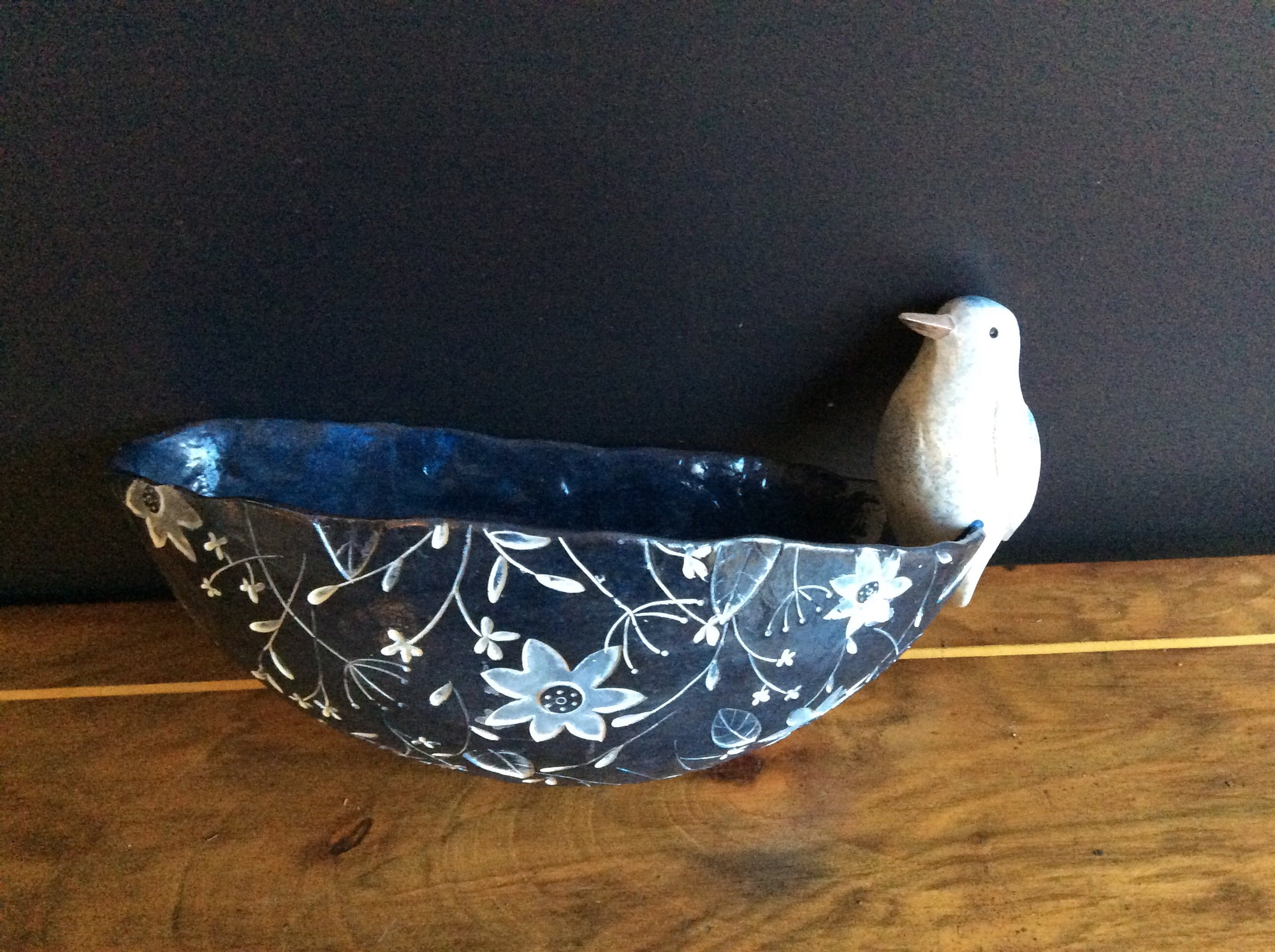   White Patterned Wall Pot with Bird