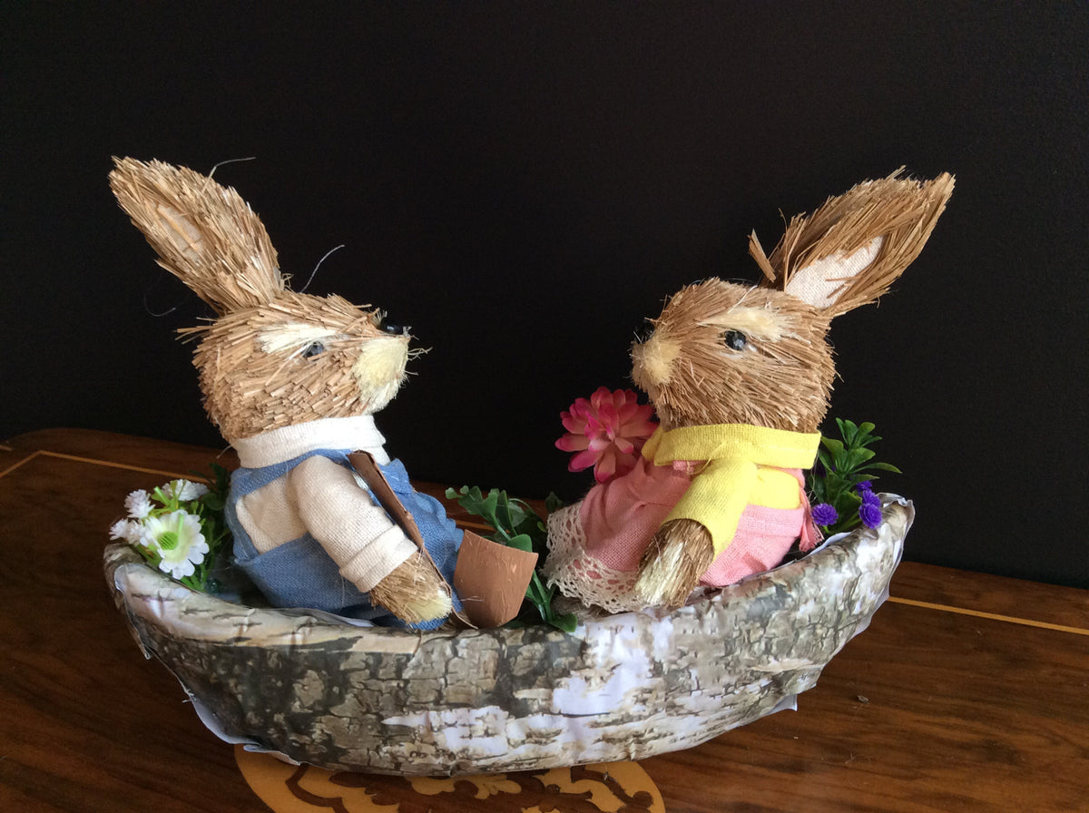  Easter Decoration -Sailing Couple Rabbits -  Straw and fabric