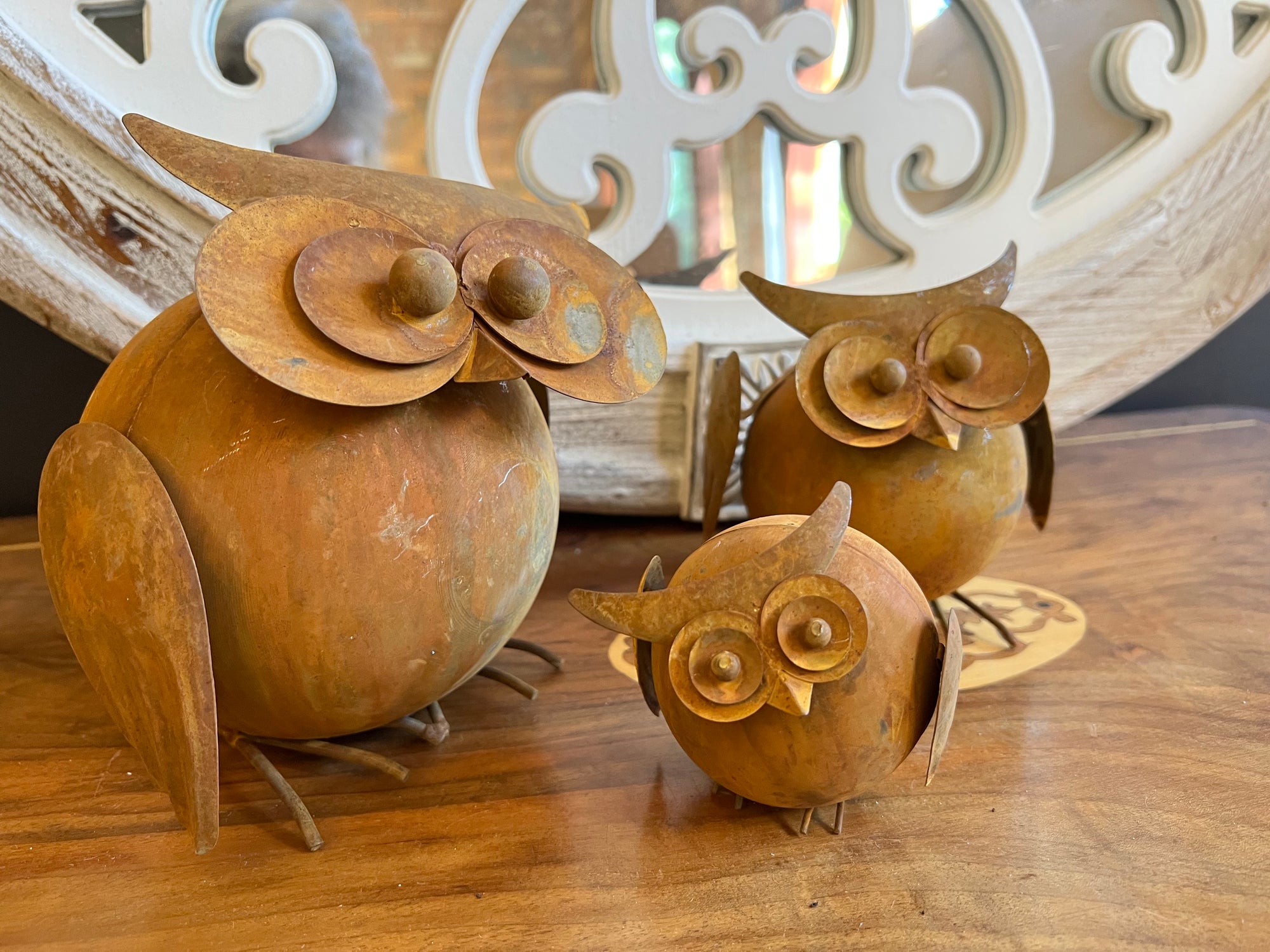   Set of Three Round Rust Owls