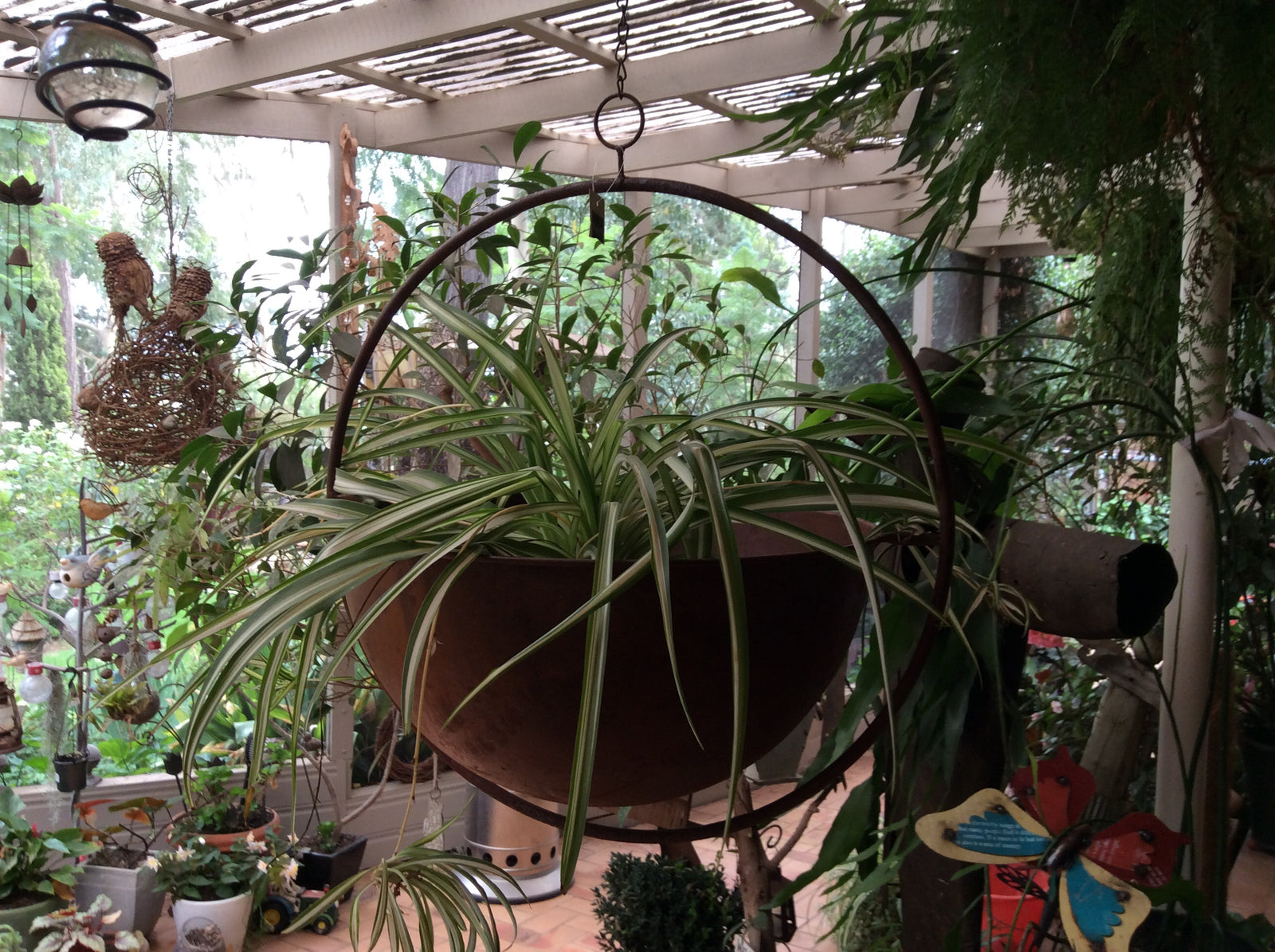  Set of 2 Nested Floating Round Rust Planters with chain