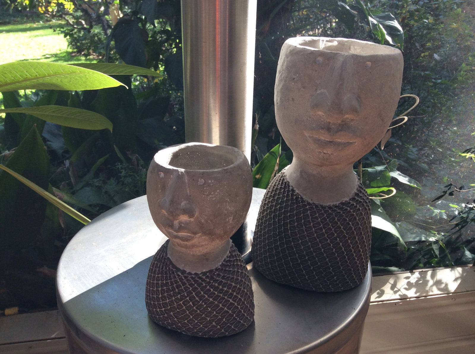  Cement Set of two Head Planters with Brown Mesh Top